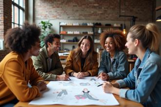 Groupe de jeunes adultes créatifs en atelier mode moderne
