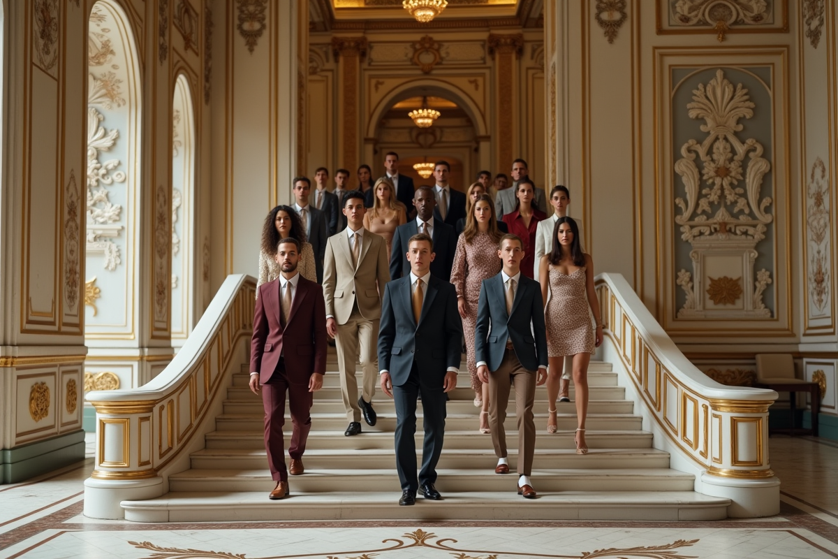 Groupe de mode dans un palais historique avec escaliers en marbre