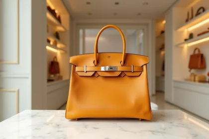 Sac Hermès Birkin 30 en cuir togo or posé sur un comptoir en marbre blanc dans une boutique de luxe minimaliste