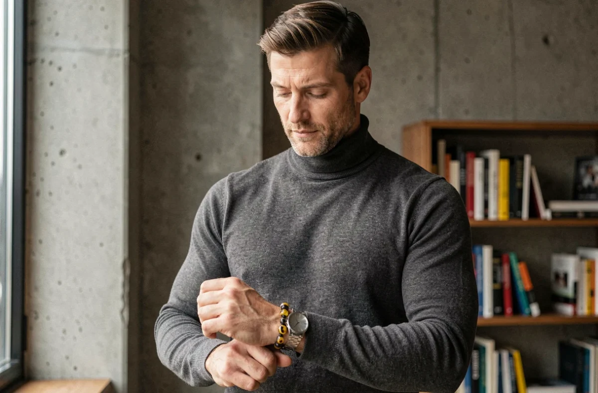 Homme élégant portant un bracelet en œil de tigre associé à une montre acier dans un intérieur loft moderne en béton