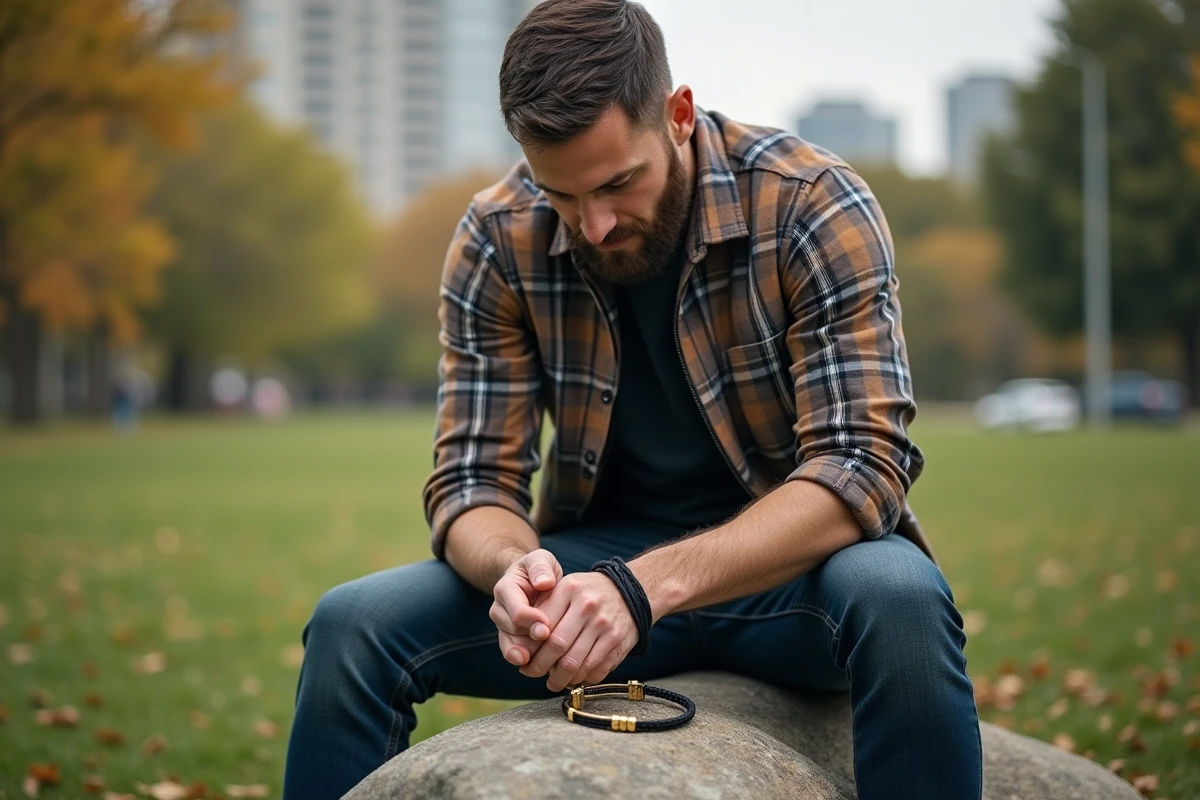 Homme ajuste un bracelet paracord en plein air dans un parc