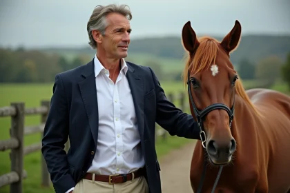 Homme en tenue &eacute;l&eacute;gante tenant un cheval dans la campagne
