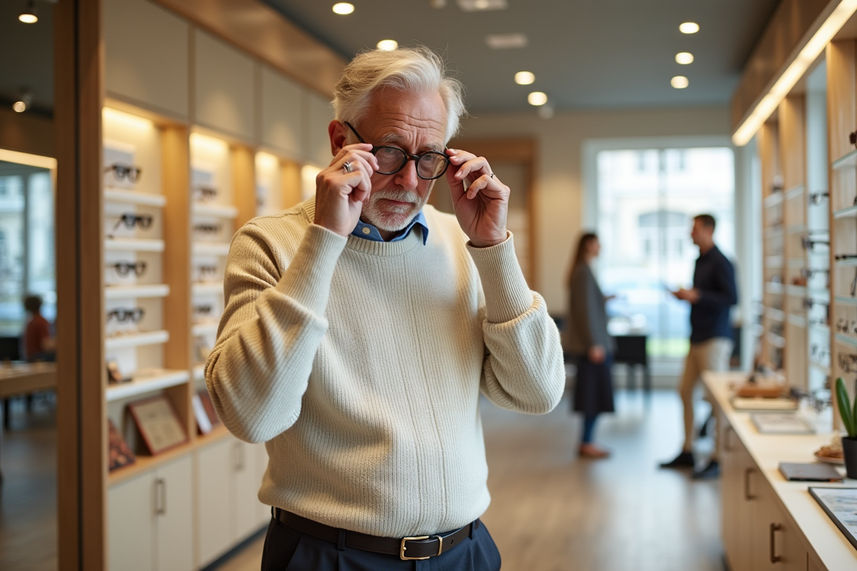 Homme âgé essayant des lunettes dans une boutique lumineuse