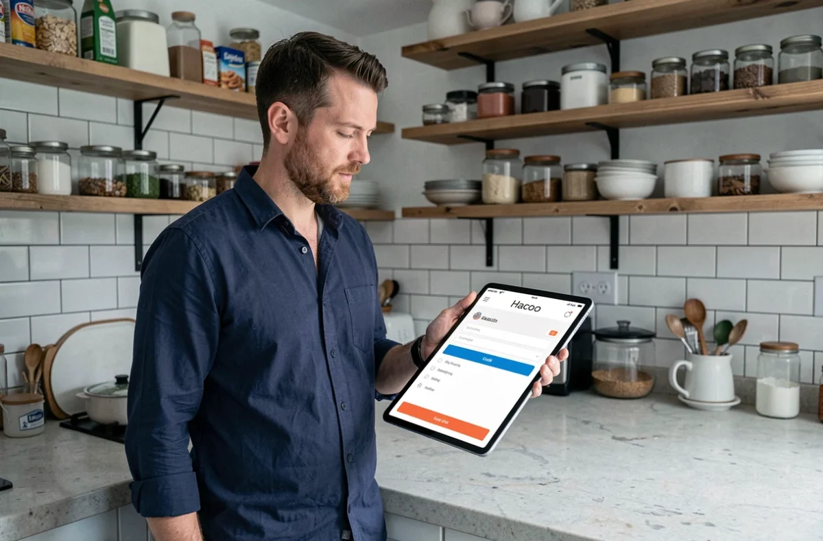 Homme consultant une page de paiement avec un code promotionnel sur une tablette dans sa cuisine