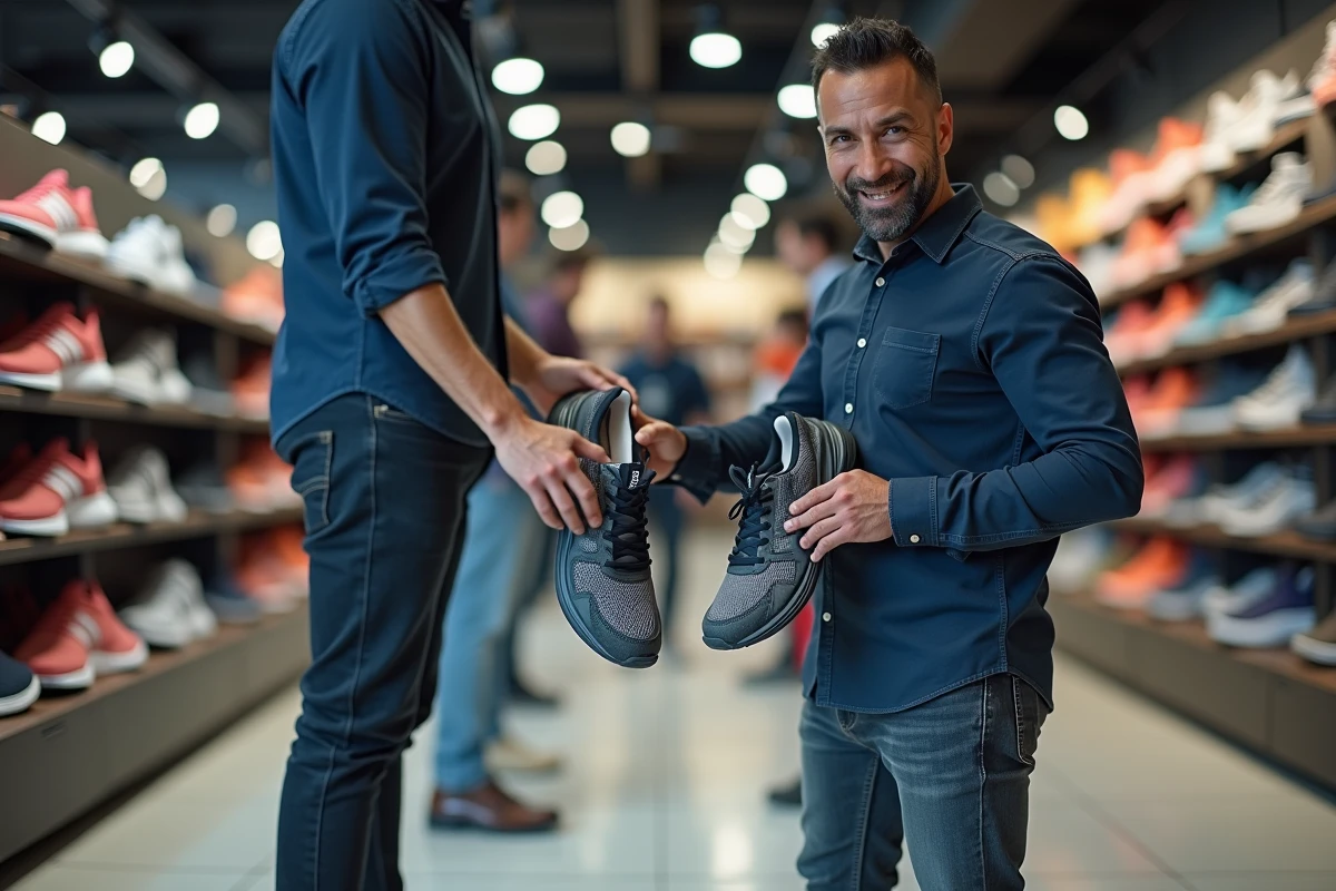 Homme comparant les semelles ergonomiques de deux baskets dans un magasin de sport pour soulager son dos