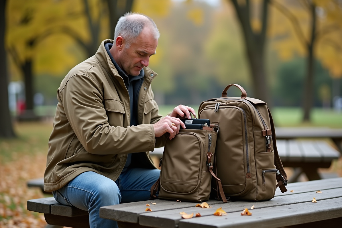 Homme compare deux sacs à dos dans un parc en automne