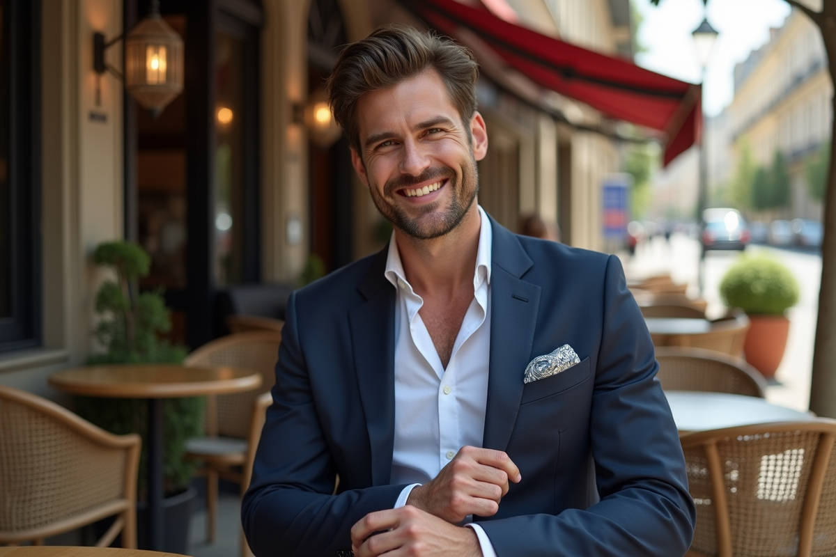 Homme en costume ajusté ajustant un bouton de manchette en terrasse