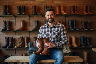 Homme avec bottes de cowboy en boutique rustique