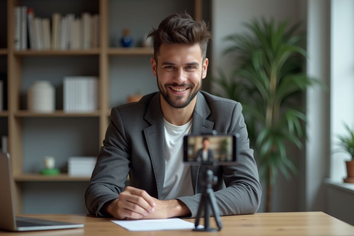 Homme en blazer filmant en home office avec smartphone