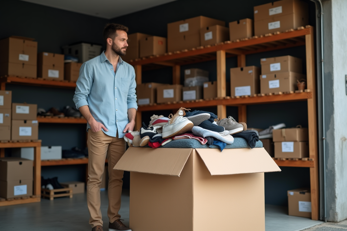 Homme dans un garage organisant des colis de chaussures d