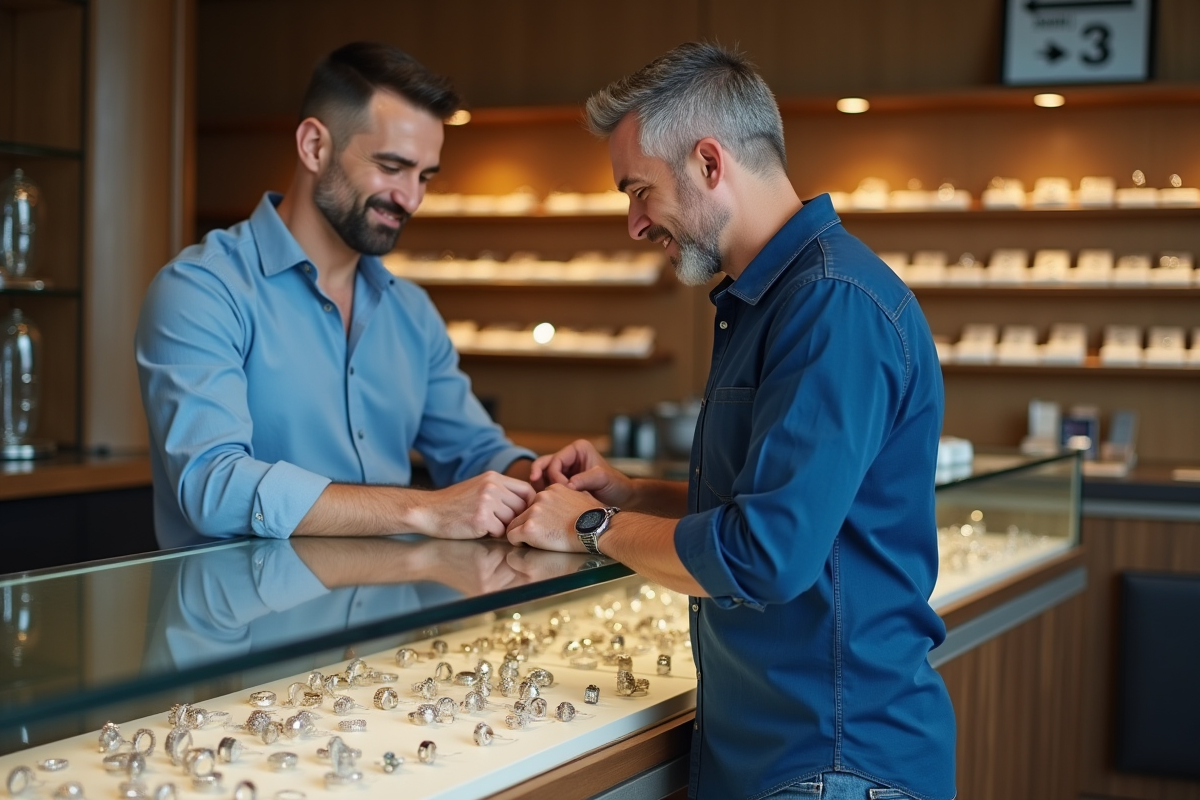 Homme essayant une bague dans une bijouterie