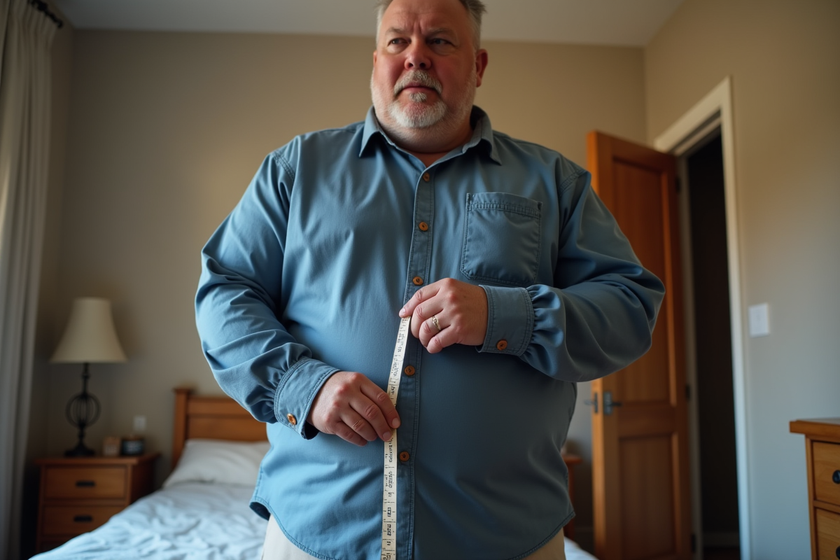 Homme en chambre mesure son torse avec un ruban