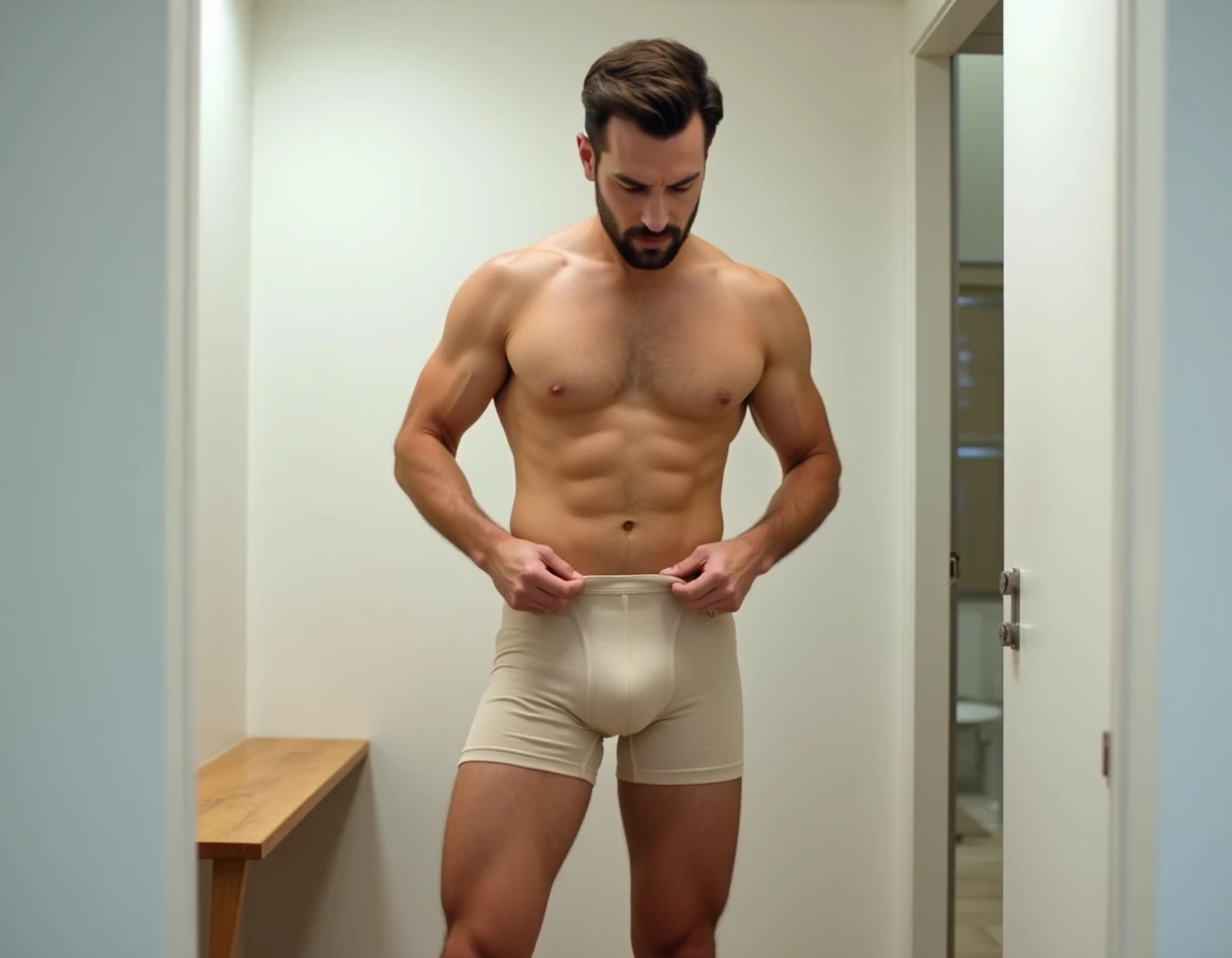 Homme essayant un boxer kangourou beige dans une cabine d'essayage minimaliste, vérification du maintien et du confort du sous-vêtement
