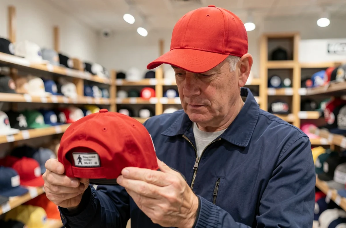 Homme d'âge mûr examinant attentivement une casquette rouge dans un magasin, guide pour éviter les contrefaçons