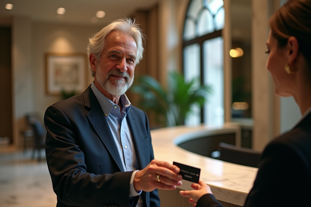 Homme d age présentant une carte de crédit au concierge d un hôtel
