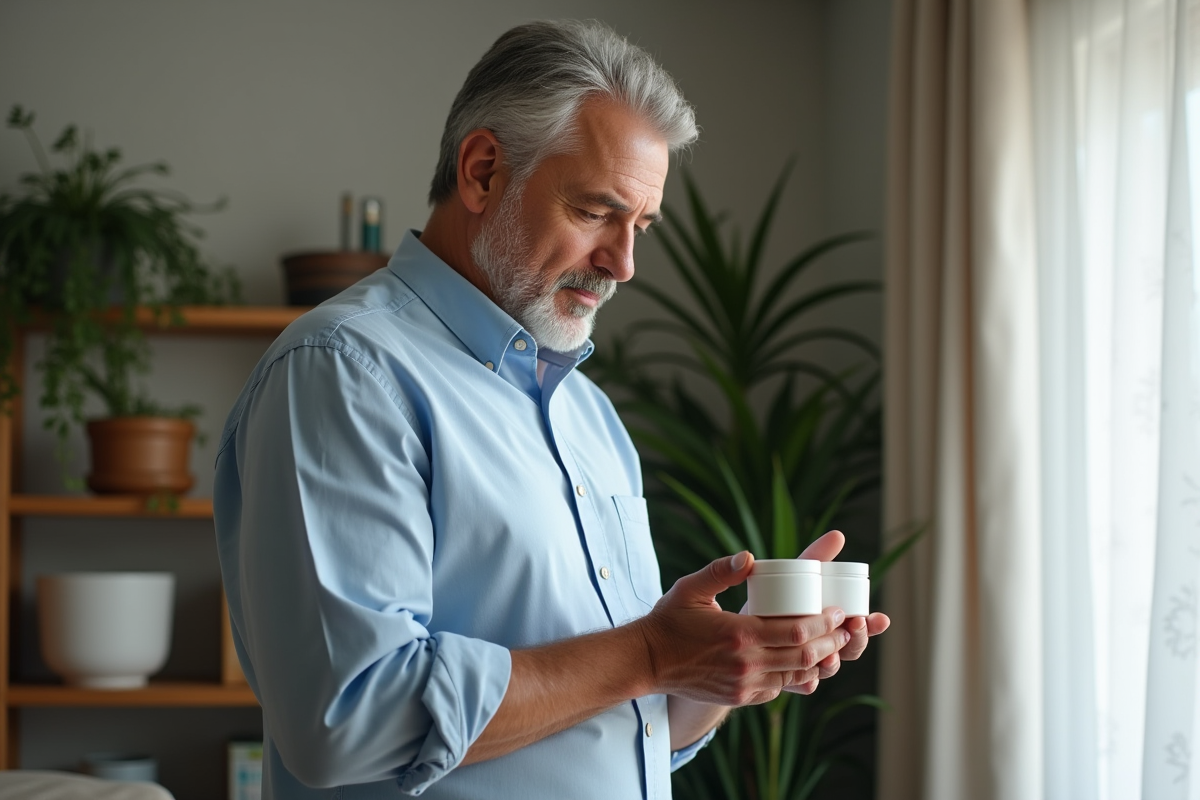 Homme mature choisissant une creme hydratante dans son salon