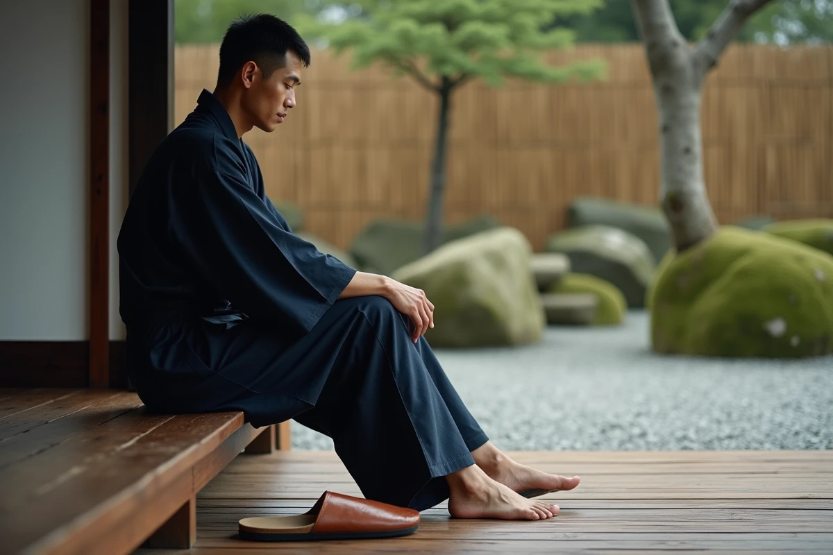 Homme en jinbei portant des geta basses posées sur une véranda en bois face à un jardin japonais traditionnel