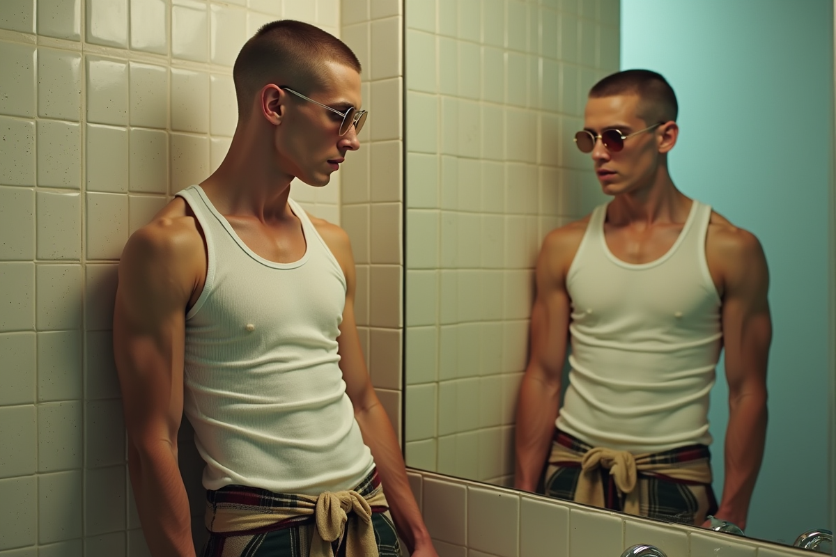 Homme regardant son reflet dans un miroir de salle de bain