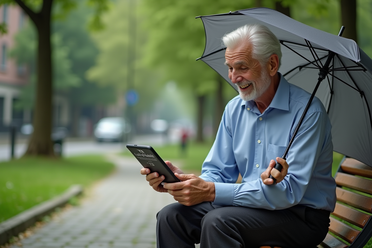 Homme âgé lisant une ombrelle UV dans un parc urbain