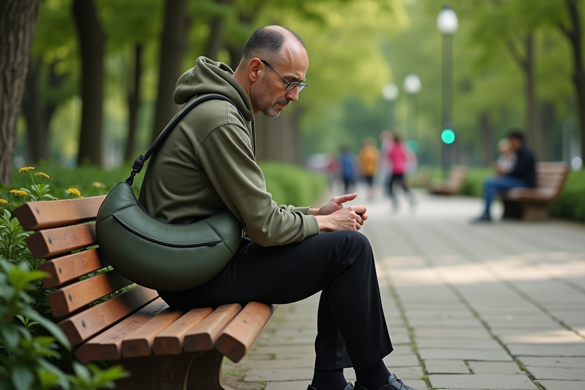 Homme assis dans un parc avec sac banane moderne