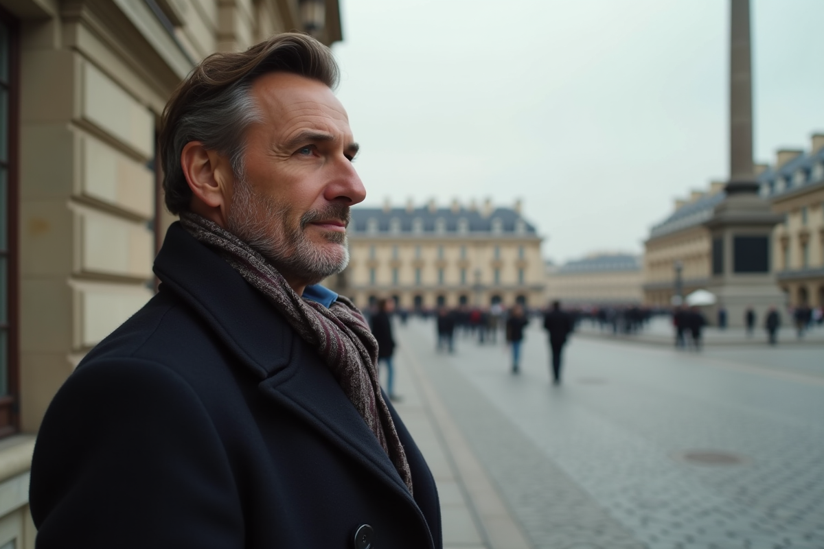 Homme en manteau dans la place Vendôme à Paris