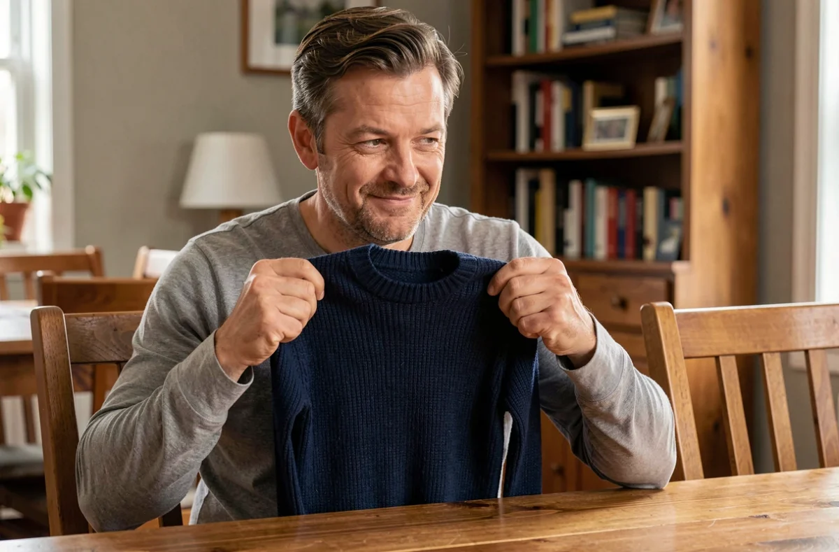 Homme tenant un pull en laine rétréci trop petit contre sa poitrine avec une expression étonnée à la maison