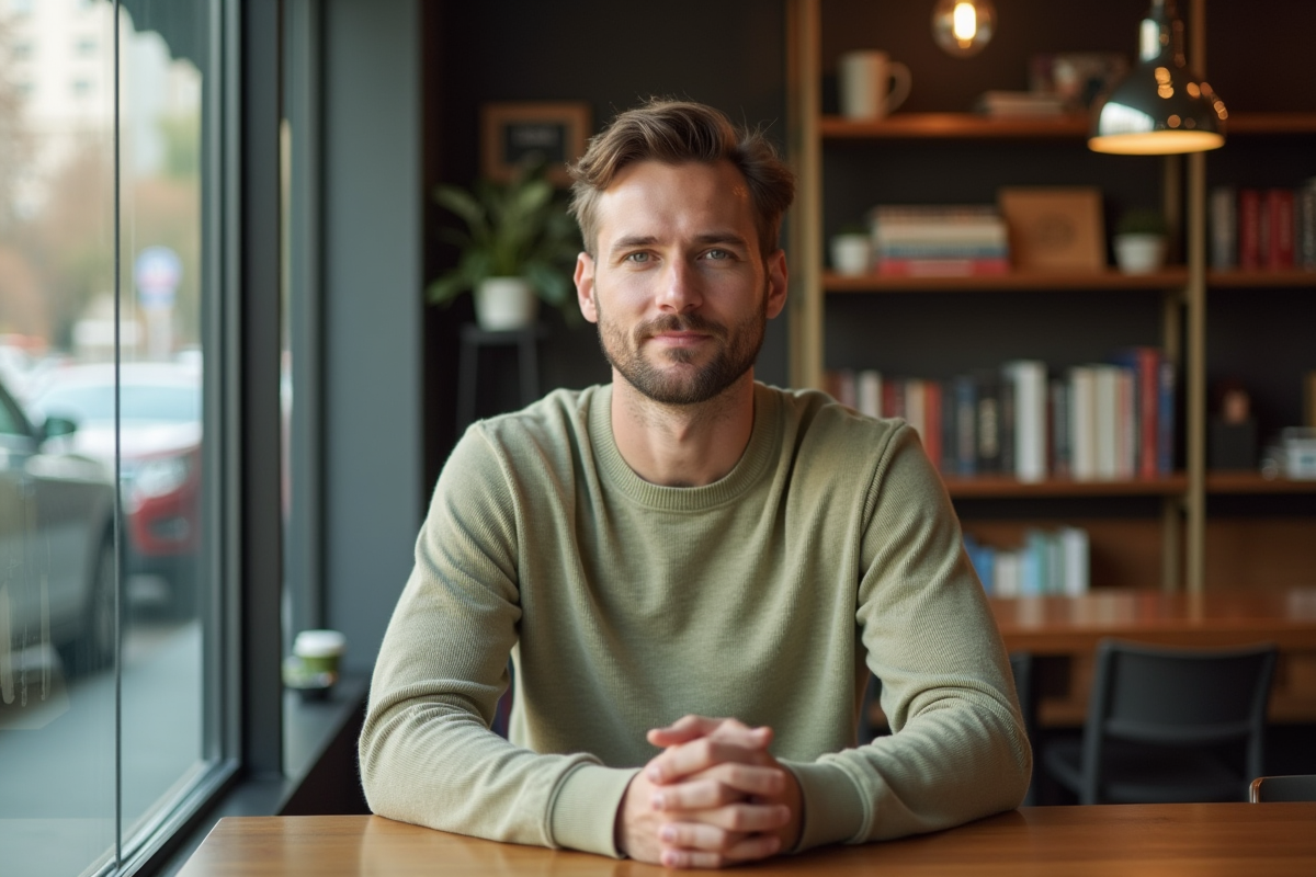 Homme sans barbe assis dans un café moderne