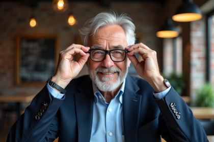 Homme âgé en café ajustant ses lunettes élégantes