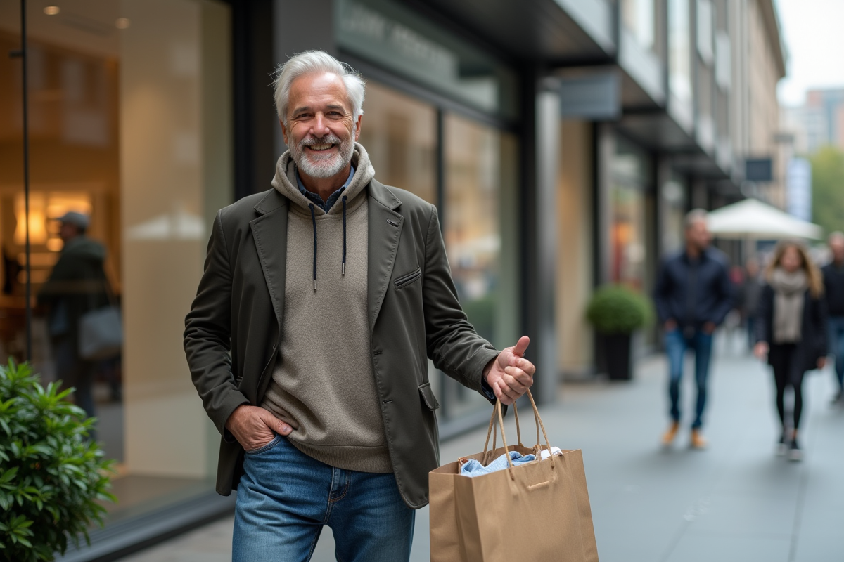 Homme souriant sortant du centre commercial avec sac de shopping