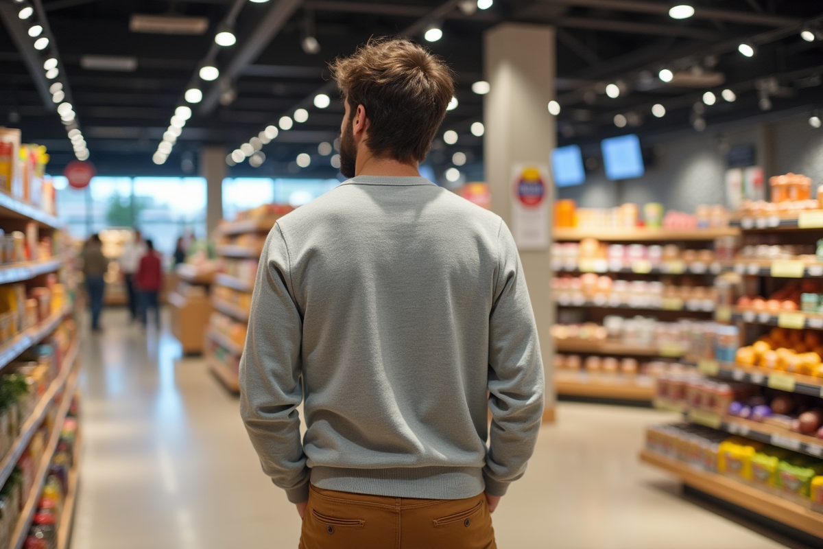 Jeune homme regardant un rayon dans un supermarché moderne