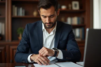 Homme en blazer ajustant sa montre élégante dans un bureau