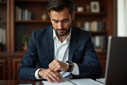 Homme en blazer ajustant sa montre &eacute;l&eacute;gante dans un bureau