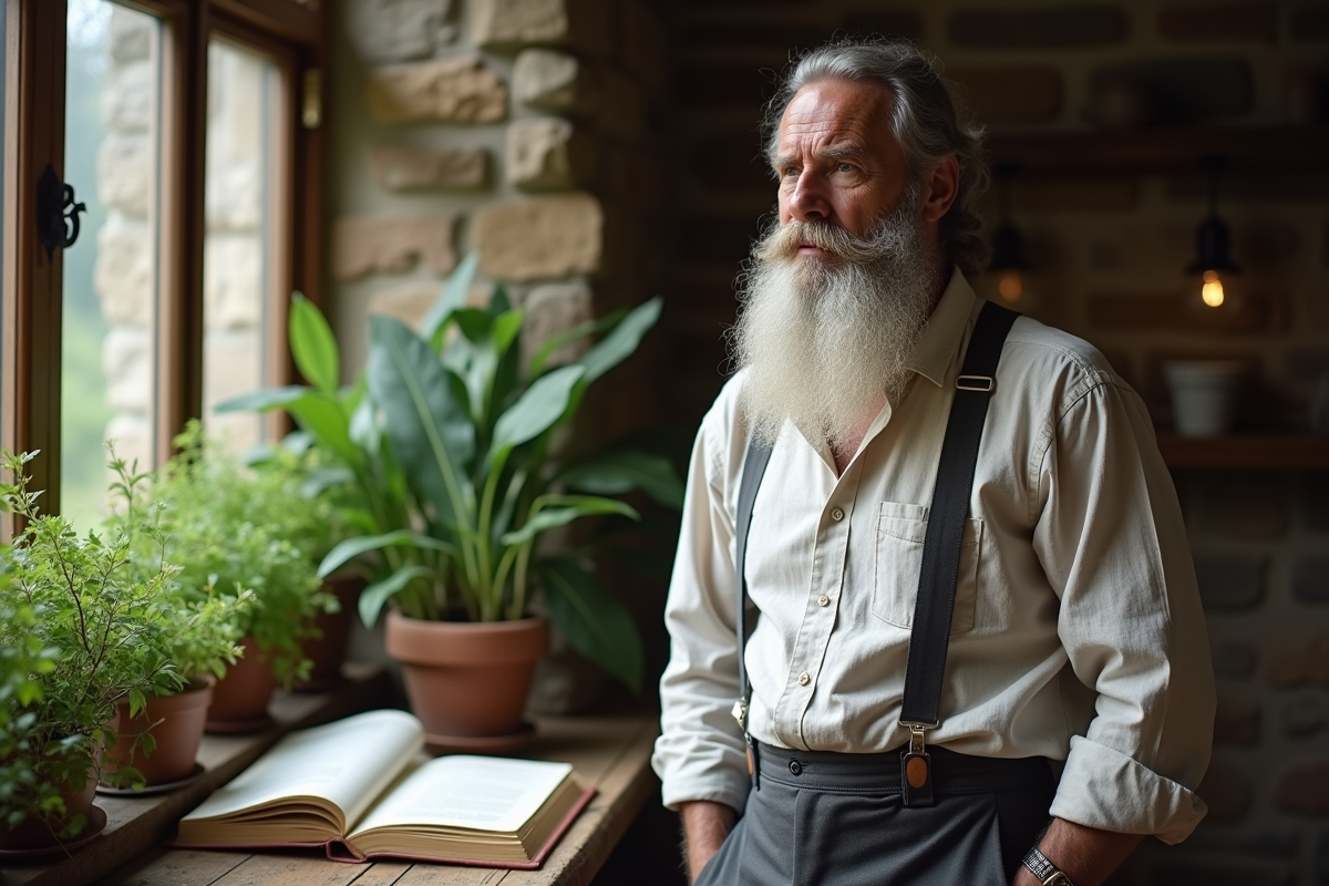 Homme plus âgé avec barbe grise près d une fenêtre avec plantes aromatiques