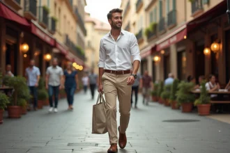 Homme élégant marchant dans la ville avec chinos et chemise