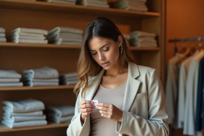 Femme examinant l'étiquette d'un blazer en lin dans une boutique de vêtements pour identifier l'origine de fabrication