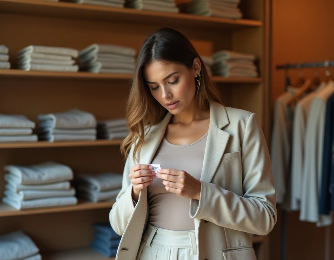 Femme examinant l'étiquette d'un blazer en lin dans une boutique de vêtements pour identifier l'origine de fabrication