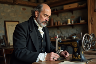 Inventeur français en 1846 ajustant une machine à coudre ancienne