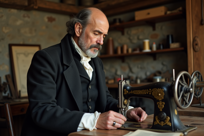 Inventeur français en 1846 ajustant une machine à coudre ancienne