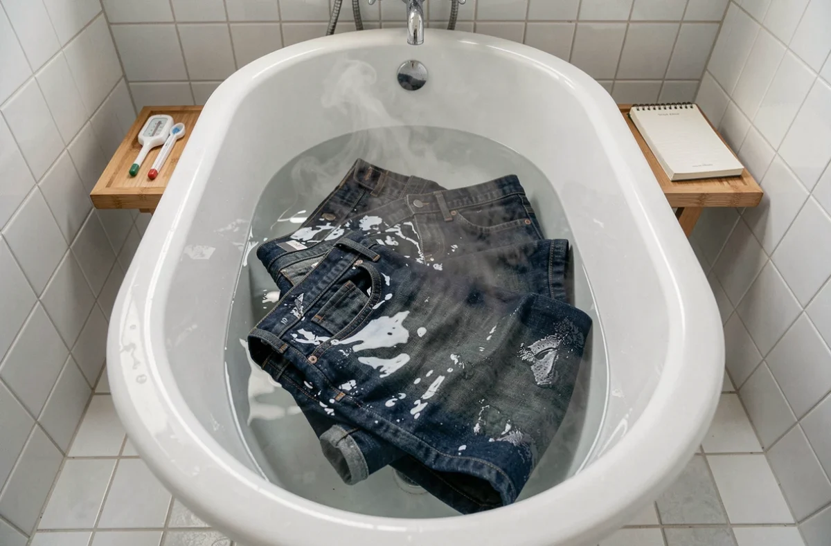 Jean en denim trempé dans une baignoire d'eau chaude pour provoquer un rétrécissement permanent du tissu