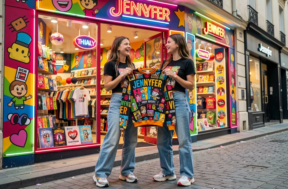 Intérieur du magasin Jennyfer à Valence avec deux jeunes femmes s'amusant à essayer des vêtements tendance