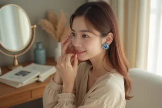 Jeune femme en blouse beige ajustant ses boucles d'oreilles en saphir