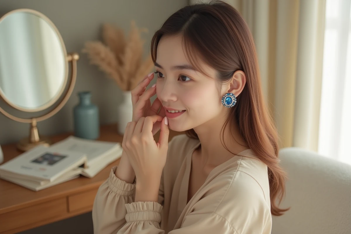 Jeune femme en blouse beige ajustant ses boucles d'oreilles en saphir