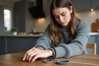 Jeune femme examine un bracelet paracord en int&eacute;rieur