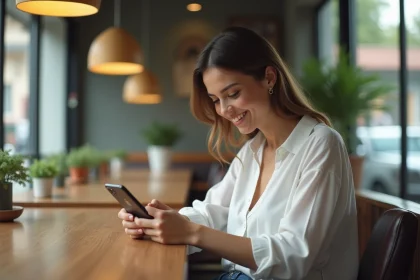 Jeune femme souriante avec iPhone 15 Pro dans un caf&eacute; lumineux