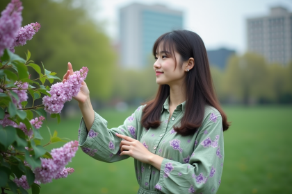 Jeune femme dans un parc urbain avec lilas en fleurs