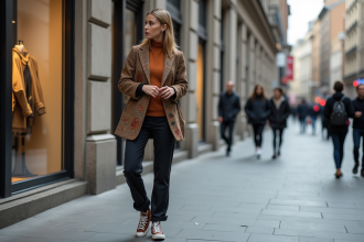 Jeune femme stylée ajustant sa montre en ville