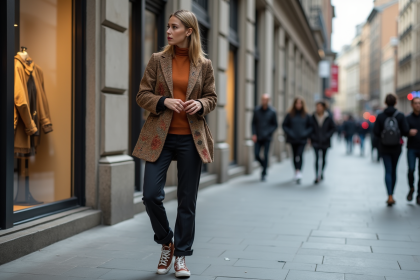 Jeune femme stylée ajustant sa montre en ville