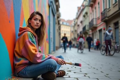 Jeune femme peignant un mural géométrique en ville