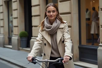 Jeune femme en trench et foulard marche avec vélo rue Montaigne