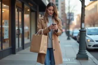 Jeune femme avec colis Vinted devant un point relais urbain